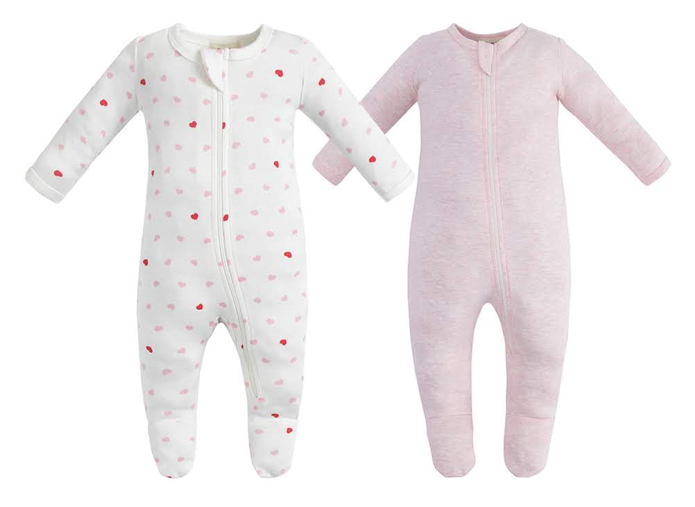 100% Organic Cotton Zip Footed Pajamas 2 Pack - Pink Hearts and Pink M –  Owlivia