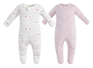 100% Organic Cotton Zip Footed Pajamas  2 Pack - Pink Hearts and Pink Melange