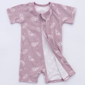 100% Organic Cotton Zip Footless Short Sleeve Pajamas - Feather Mauve & Dark Grey Melange