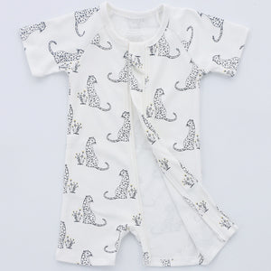 100% Organic Cotton Zip Footless Short Sleeve Pajamas - Cheetah