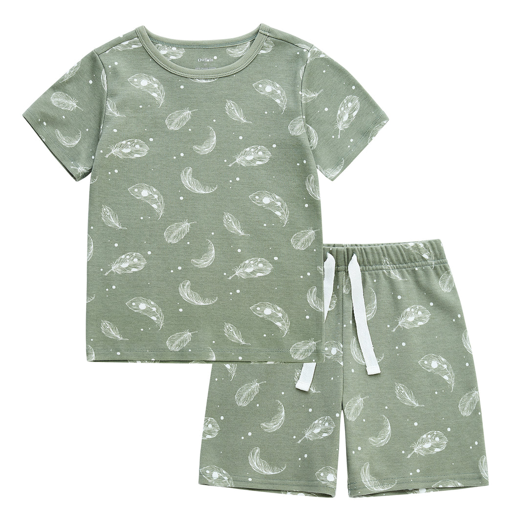 100% Organic Cotton Toddler Summer 2 Piece short sleeve Pajama Set - Green Feather