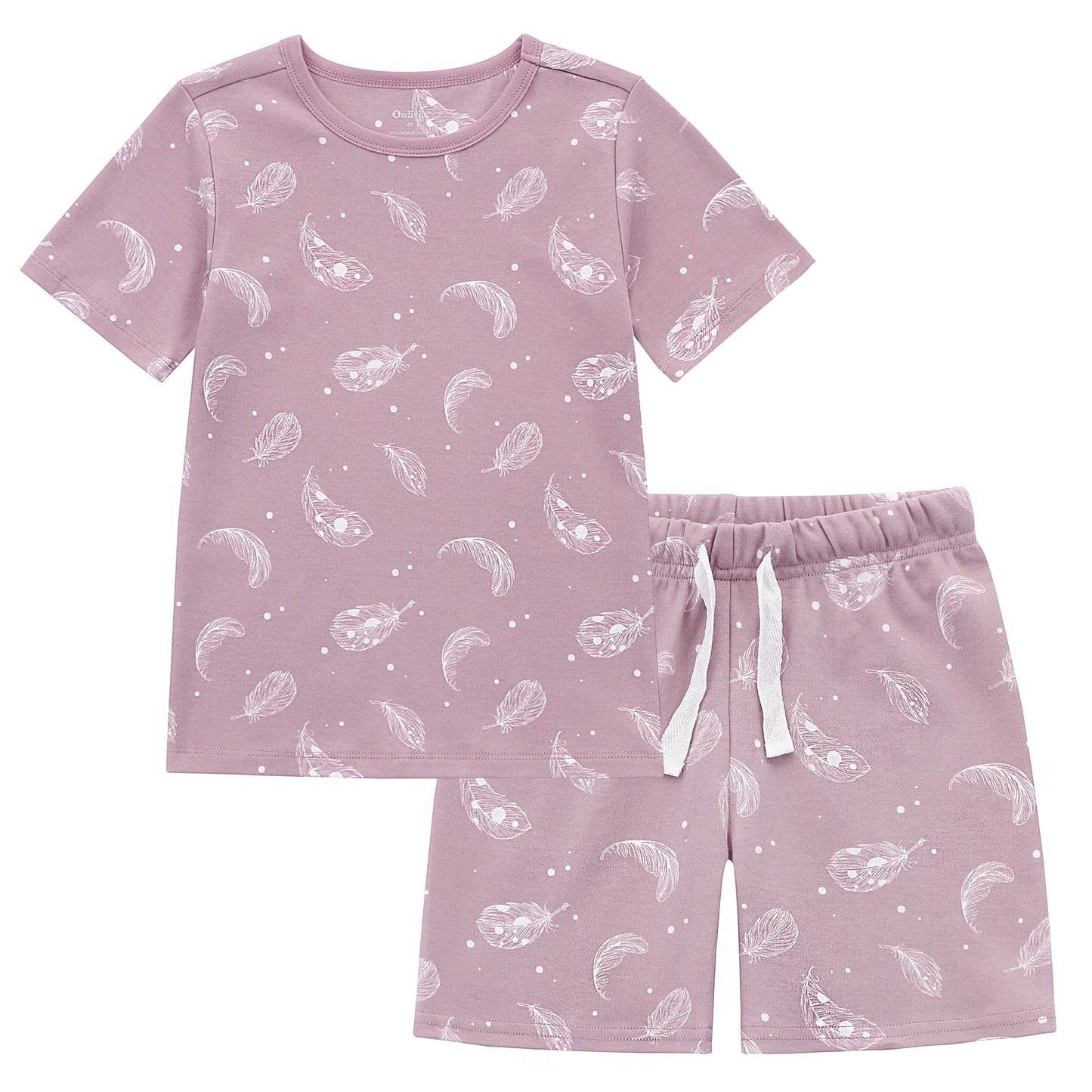 100% Organic Cotton Toddler Summer 2 Piece short sleeve Pajama Set - Mauve Feather