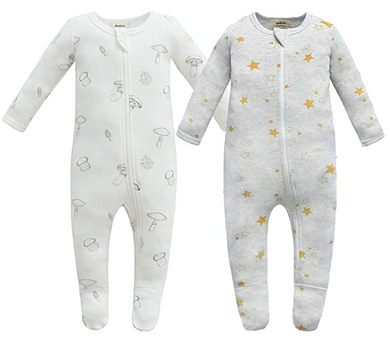 100% Cotton Zip Footed Pajamas - 2 Pack - Mushroom & Golden Star