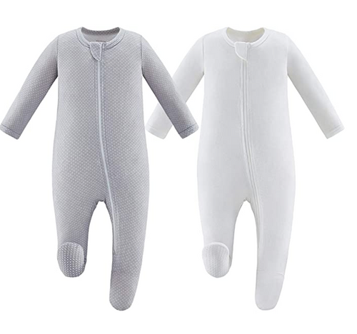 Bamboo & Organic Cotton Blend Zip Footed Pajamas - 2 Pack - Sold White and Gray Dots