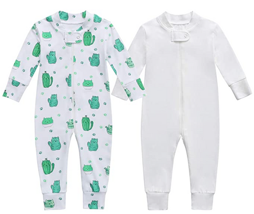 Bamboo & Organic Cotton Blend Zip Footless Pajamas 2 pack- Cactus and Off-White