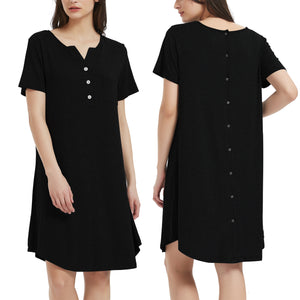 Women's Short-Sleeve Maternity Dress, Hospital Gown - Black