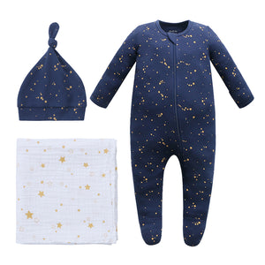 New Baby Bundle - 100% Organic Cotton Starry Sky Pajama & Knot Hat with Swaddle