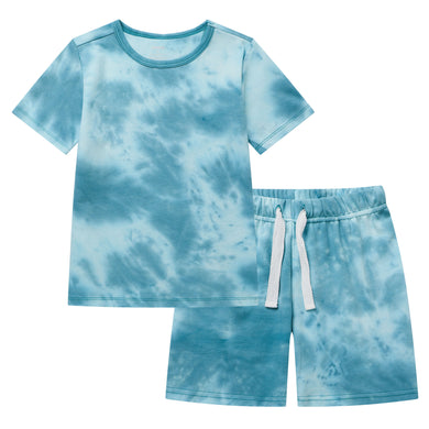 100% Organic Cotton Toddler Summer 2 Piece short sleeve Pajama Set - Teal Tie Dye