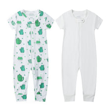 Load image into Gallery viewer, Bamboo &amp; Organic Cotton Blend Zip Footless Pajamas Short Sleeve - Short Cactus &amp; Off White