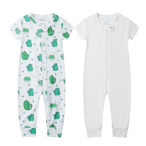 Bamboo & Organic Cotton Blend Zip Footless Pajamas Short Sleeve - Short Cactus & Off White