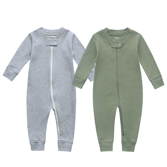 100% Cotton Footless Zip Pajamas - 2 pack - Dark Grey Melange & Olive Green