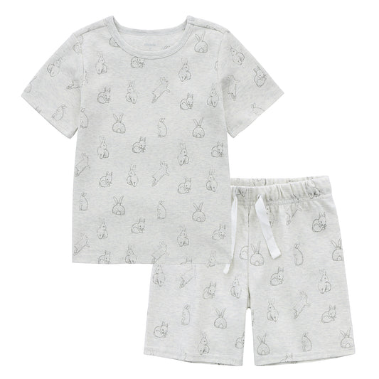 100% Organic Cotton Toddler Summer 2 Piece short sleeve Pajama Set - Rabbit Gray