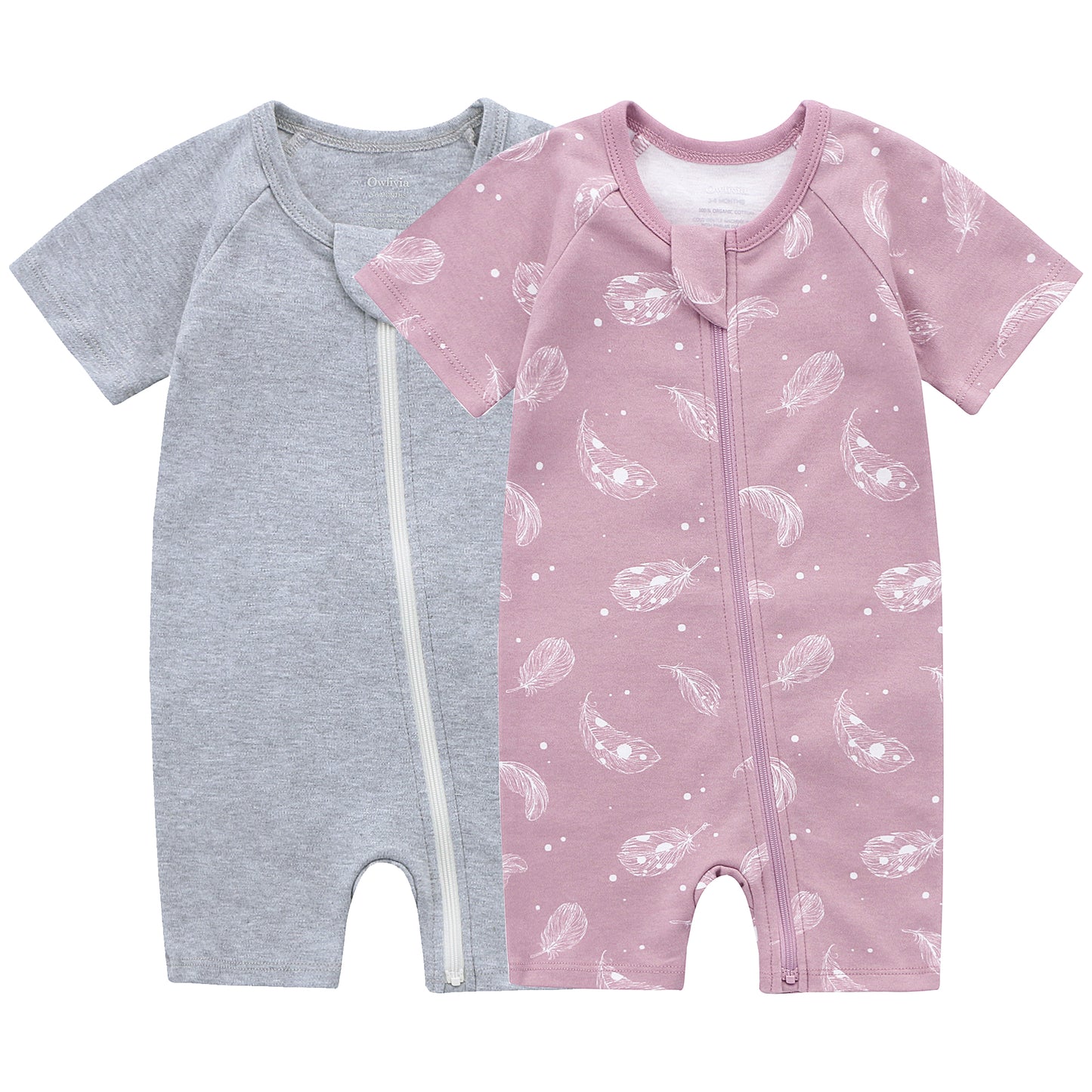 100% Organic Cotton Zip Footless Short Sleeve Pajamas - Feather Mauve & Dark Grey Melange