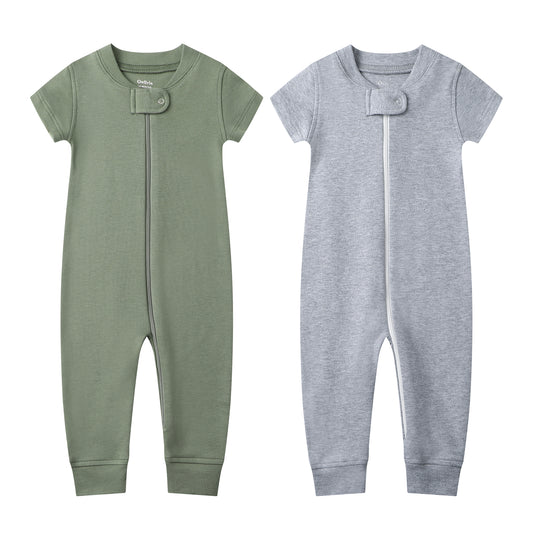 100% Organic Cotton Zip Footless Short Sleeve Pajamas - Short Olive & Gray Melange