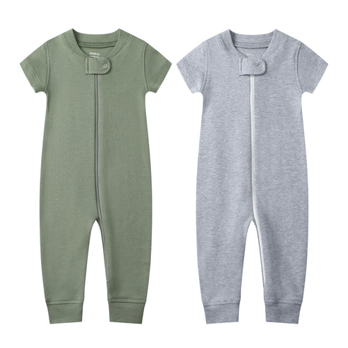 100% Organic Cotton Zip Footless Short Sleeve Pajamas - Short Olive & Gray Melange
